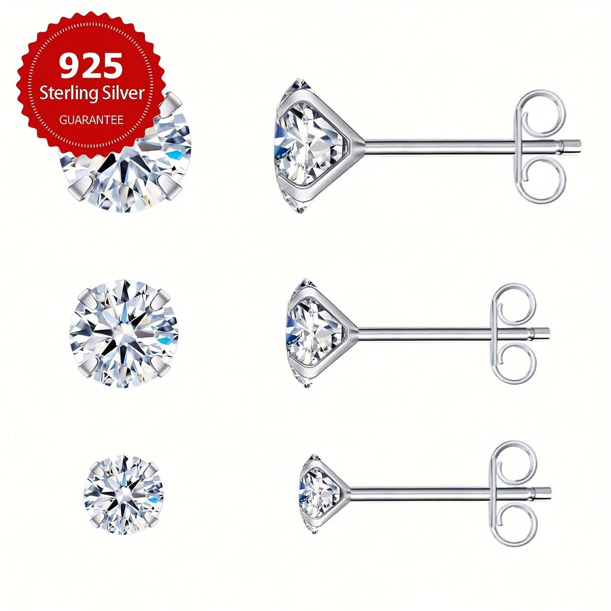 3 Pairs Sterling Silver Sparkling Stud Earrings Set